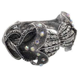 Exotic Flower Lily Tulip Rhinestone Silver Statement Hinged Bangle Bracelet
